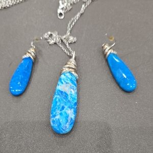 Brighton Blue Teardrop Pendant Necklace and Earrings Set - Silver Accents